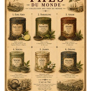 Estampe vintage française sur le thème du thé et de la botanique - Boîtes à thé anciennes ornées, illustrations, voyage et histoire culinaire