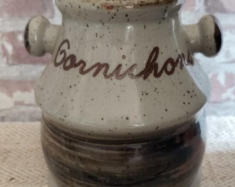 Vintage French Ceramic Pickle Jar with Lid - Retro Gres Paysan Cornichon Container from 1970s