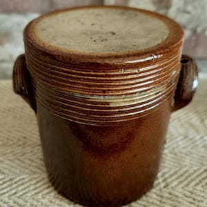 French Antique Glazed Stoneware Pot with Lid, Vintage Confit Pot for Plants or Decor, Farmhouse Kitchen Decor