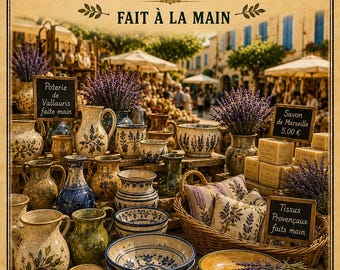 Marché Artisanal de Provence – Vintage French Artisan Market – Framed Wall Art Print | Choice of frames & A4, A3, A2, 50x70 and A1 sizes