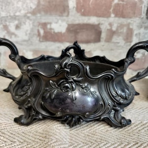 French Louis XVth Style Ornate Metal Jardiniere with Inner Planter Basket, Stamped by Depose, Intricate Metalwork, Elegant Home Decor