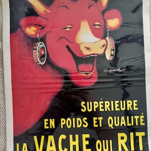 Reproducción del cartel publicitario francés vintage de La Vache Qui Rit. Perfecto estado. Una encantadora pieza de decoración nostálgica.