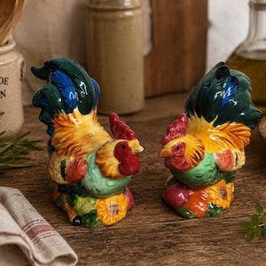 Handbeschilderde vintage keramische zout- en pepervaatjes in de vorm van een haan, rustieke decoratie voor een landelijke keuken.