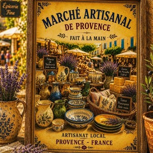Quadro vintage da parete con tema mercato francese, arredamento rustico provenzale, lavanda, ceramica, stampa per cucina in stile country francese.