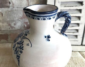 Lovely Vintage Blue & White Handmade Spanish Twisted Handle Jug/Vase
