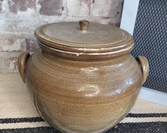 French Glazed Pot with Lid Handmade by H Coffignal in Trevieres, Calvados - Vintage Home Decor