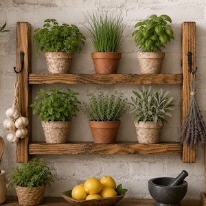 Mensola da parete rustica in legno, realizzata a mano, con ganci per erbe aromatiche, piante, succulente e decorazioni per la cucina in stile rustico.