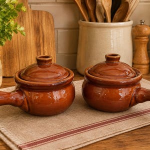Matching Pair Vintage Glazed Stoneware Cooking Pots, Chestnut Brown Rustic Kitchenware