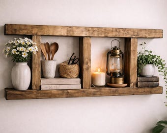 Handcrafted Rustic Wooden Decorative Ladder Shelf - Reclaimed Wood Display Shelf for Farmhouse & Cottagecore Interiors