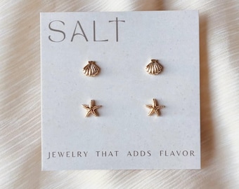 SEASHELL & STARFISH STUDS | gold | dainty coastal stud earrings | tiny starfish earrings | tiny sea shell studs | beachy summer stud earring