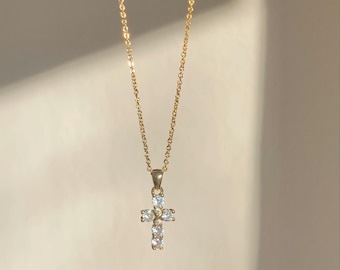 CRYSTAL CROSS NECKLACE | gold | diamond cross necklace | 18" gold necklace cross pendant | dainty crucifix necklace | layering necklace