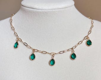 TEAL GEM NECKLACE | 18k gold coated | paperclip charm necklace | teal emerald necklace | May birthstone necklace | best friend gifts