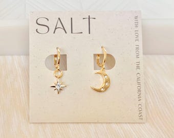 STAR & MOON HUGGIES | gold celestial hoop earrings | dainty jewelry | celestial chic | charm hoops | whimsical | night sky | cubic zirconia