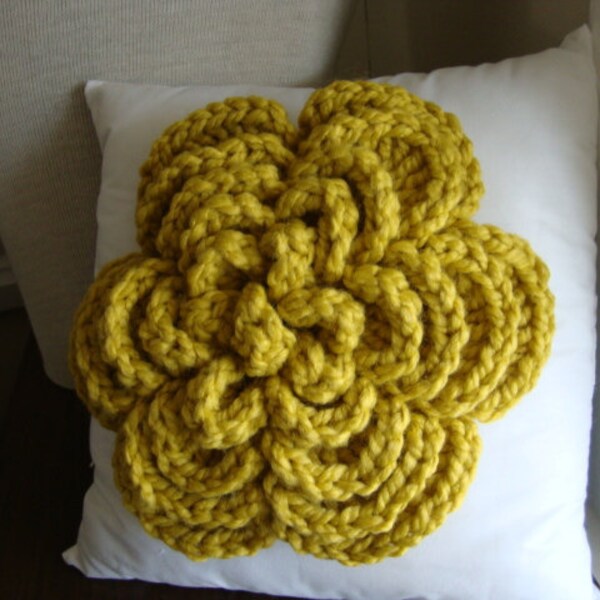 Throw Pillow Bling, jumbo sized 3-D Wool Blend Flower adornment in citron saffron yellow
