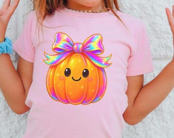 Cute Pumpkin Kids Shirt Girls Fall Halloween T Shirt Kawaii Pumpkin Tee with Rainbow Bow Kids Autumn Outfit Toddler Youth Top