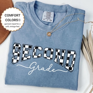 Second Grade Teacher Shirt Comfort Colors® | Checkered Teacher Tee | Back to School Shirt for 2nd Grade | Retro Grade Level Teacher Gift