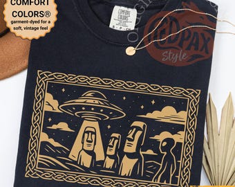 Rapa Nui-ufo-shirt oude aliens, Moai-standbeelden Paaseiland grafisch T-shirt, T-shirt buitenaardse ontvoering, top oude artefactgeschiedenis