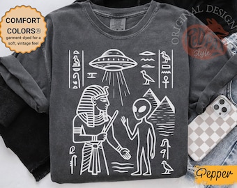 Shirt oude Egypte alien, shirt ufo-piramide, Egyptisch buitenaards ontwerp, complottheorie-shirt, shirt geschiedenis mysterie, T-shirt comfortkleuren