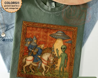 Middeleeuws shirt met alien-ontmoeting comfortkleuren – grappig T-shirt met oude ufo-afbeelding – retro complottheorie esthetiek – T-shirt comfortkleuren