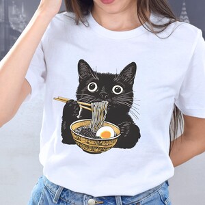 Funny Black Cat Eating Ramen Unisex Tee, Cute Cat Lover Shirt, Kitty T-shirt, Japanese Noodle Top, Kawaii Animal Clothing