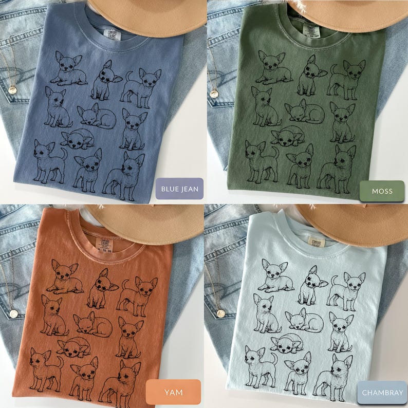 May include: A collection of four t-shirts in blue jean, moss, yam, and chambray colors. Each shirt features a repeating black line art graphic print of various chihuahua dogs in different poses, including sitting, standing, and lying down.