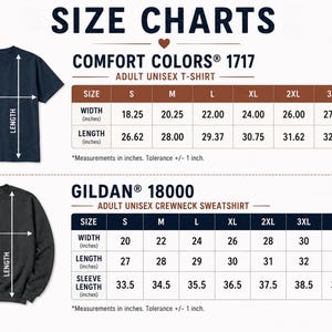 Peut inclure: Un tableau des tailles pour les t-shirts Comfort Colors 1717 et les sweats &agrave; col rond Gildan 18000. Le tableau affiche les mesures de largeur, de longueur et de longueur de manche en pouces pour les tailles S &agrave; 5XL, avec une tol&eacute;rance de +/- 1 pouce.