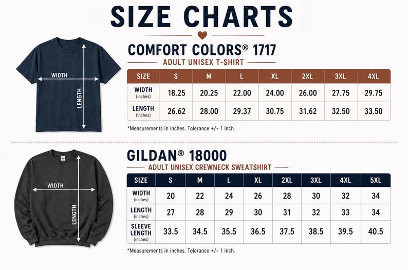 Peut inclure: Un tableau des tailles pour les t-shirts Comfort Colors 1717 et les sweats &agrave; col rond Gildan 18000. Le tableau affiche les mesures de largeur, de longueur et de longueur de manche en pouces pour les tailles S &agrave; 5XL, avec une tol&eacute;rance de +/- 1 pouce.