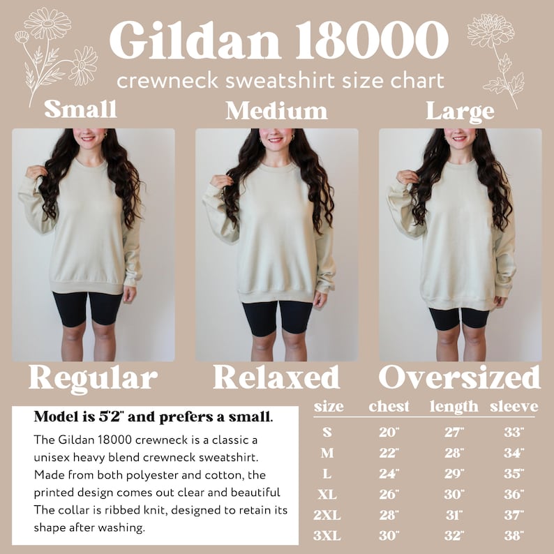 May include: A size chart for Gildan 18000 crewneck sweatshirts. The chart shows measurements for sizes S to 3XL, including chest, length, and sleeve dimensions in inches. The image also shows a model wearing the sweatshirt in different sizes.