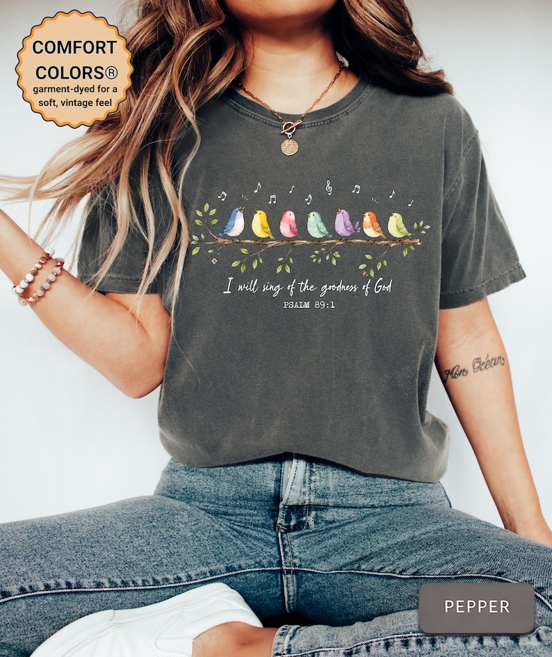 May include: A charcoal gray short-sleeve t-shirt featuring a graphic of seven colorful birds perched on a branch with musical notes above them. The text reads, "I will sing of the goodness of God" and "PSALM 89:1" in white lettering below the birds.