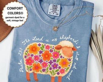 Camiseta "El Señor es mi pastor", versículo bíblico del Salmo 23:1, camiseta cristiana con ovejas florales, colores cómodos y basados en la fe