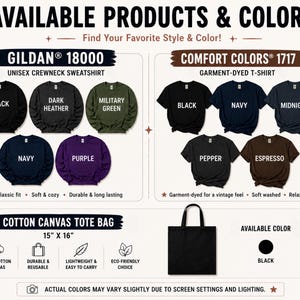 Peut inclure: Un nuancier de produits pr&eacute;sentant des sweat-shirts &agrave; col rond Gildan 18000 en noir, gris chin&eacute;, vert militaire, marine et violet. T-shirts Comfort Colors 1717 en noir, marine, minuit, poivre et expresso. Un sac fourre-tout en coton noir 15x16 cm.