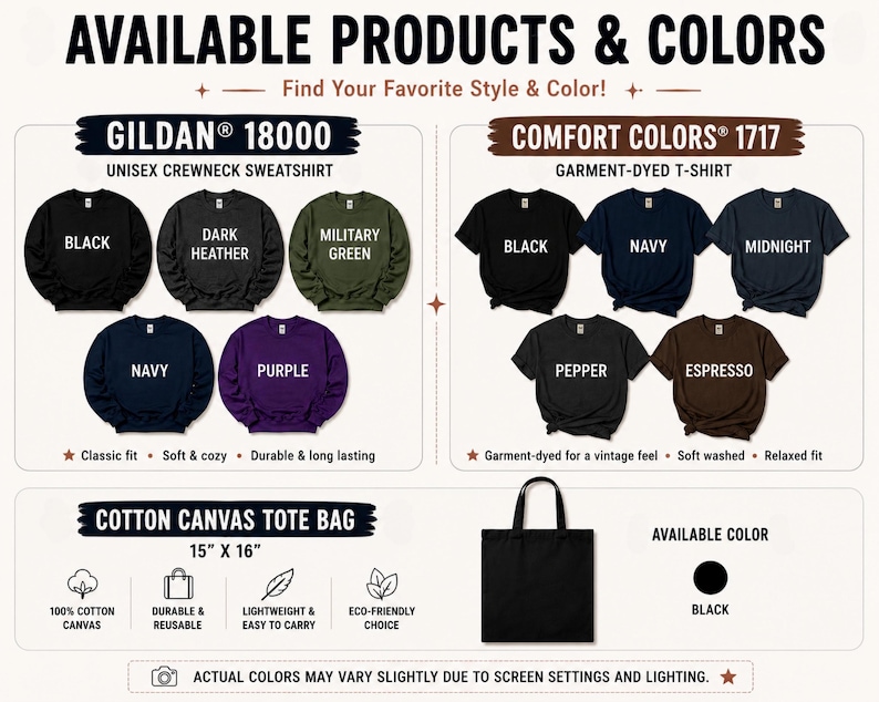 Peut inclure: Un nuancier de produits pr&eacute;sentant des sweat-shirts &agrave; col rond Gildan 18000 en noir, gris chin&eacute;, vert militaire, marine et violet. T-shirts Comfort Colors 1717 en noir, marine, minuit, poivre et expresso. Un sac fourre-tout en coton noir 15x16 cm.