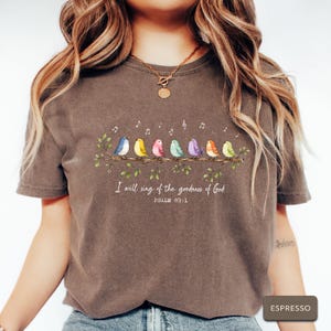 May include: A dark brown short-sleeve t-shirt featuring a graphic of seven colorful birds perched on a leafy branch with musical notes above them. Below the branch, the text reads, I will sing of the goodness of God, PSALM 89:1.