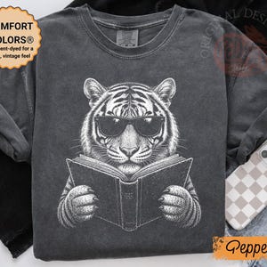 Tiger Reading Book Shirt, Book Lover Tee, Librarian Shirt, Reading Teacher Gift, Library Lover Shirt, Book Club Tee, Comfort Colors
