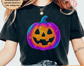 Camiseta de Halloween con calabaza neón, camiseta de Jack-O-Lantern con purpurina colorida, atuendo otoñal espeluznante, camiseta de fiesta retro con brillo, linda camiseta de calabaza de octubre