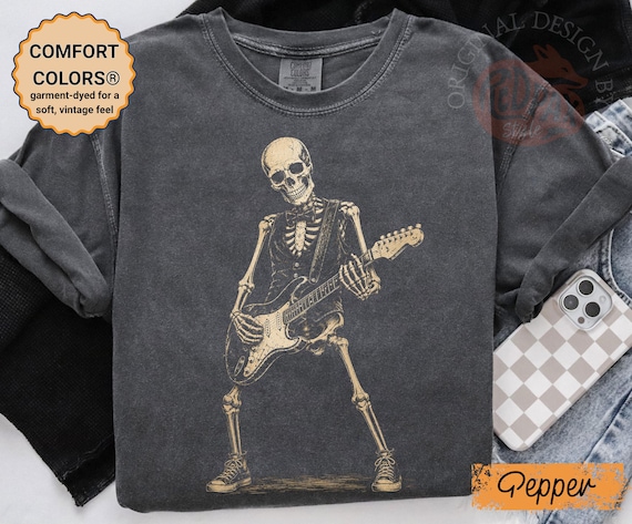 Skeleton Guitar Shirt, Rock Skeleton Tee, Electric Guitar Shirt, Halloween Skeleton Shirt, Music Lover Gift, Comfort Colors Tee