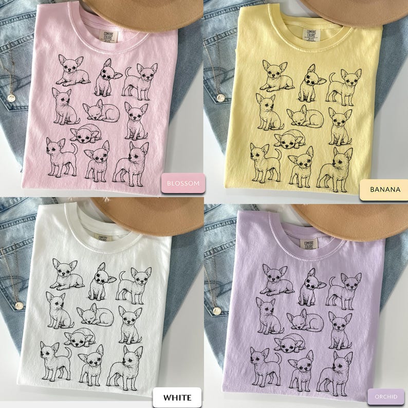 May include: A collection of four t-shirts in blossom pink, banana yellow, white, and orchid purple, each featuring a black line-art graphic print of twelve different chihuahua dogs in various poses, including sitting, standing, and lying down.