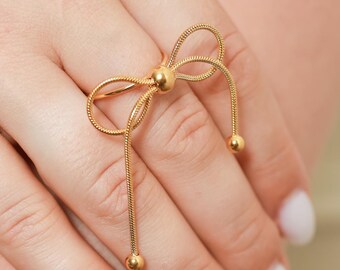 18K Gold Plated Bow Ring: Adjustable Bowknot Design