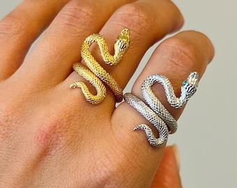 14K Gold Snake Ring: Sterling Silver Adjustable Wrap Ring