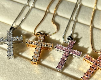 Collar con colgante de cruz de diamantes, plata u oro, cadena ajustable