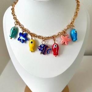 Fisch Charm Halskette, Keramik Charm Halskette, Boho Cute Keramik Sea Life Charm Halskette, Einzigartiger Schmuck