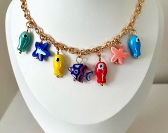 Ceramic Fish Charm Necklace: Gold Plated Sea Life Jewelry