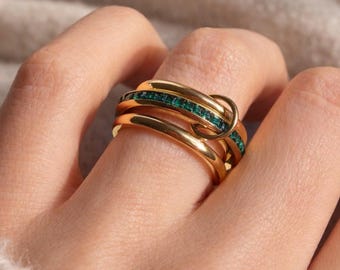 Goldfarbener Smaragd grüner Wickelring, modernes Multiband Schmuck