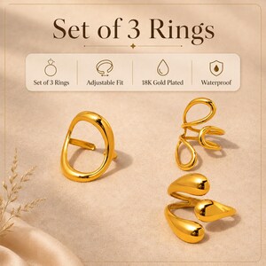 K&ouml;nnte beinhalten: Ein Set aus drei goldfarbenen Ringen mit verstellbarer Passform. Die Ringe haben glatte, organische und flie&szlig;ende Formen. Der Text auf dem Bild lautet: Set of 3 Rings, Adjustable Fit, 18K Gold Plated und Waterproof. Polierte Oberfl&auml;che.