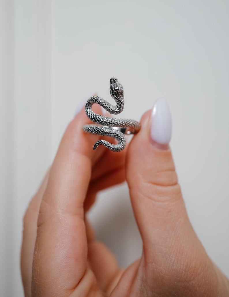 18K Gold Snake Ring: Adjustable Gemstone Eyes image 7