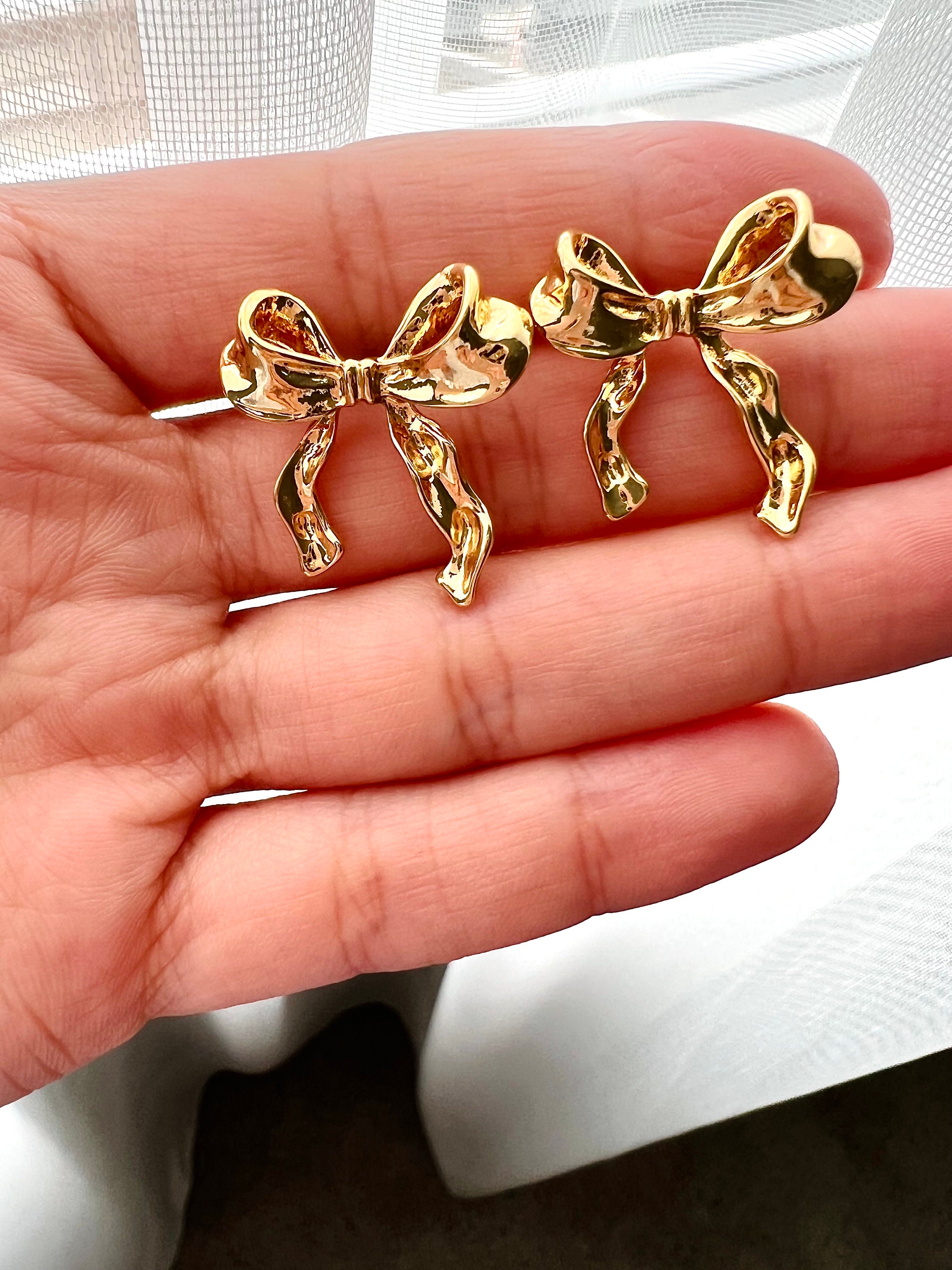 24K Gold Filled Bow Earrings, Cute Ribbon Stud Earrings