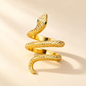 18K Gold Snake Ring: Adjustable Gemstone Eyes
