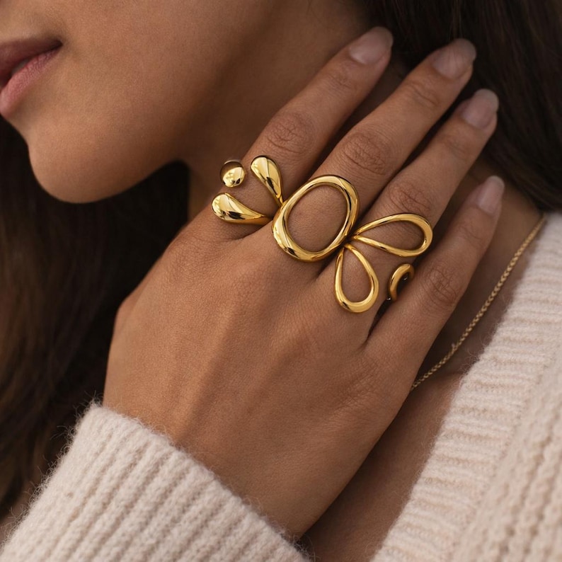 Goldring 3er Set, 18K vergoldet verstellbar Statement Ringe, stapelbare Ringe für Frauen, mutig Stapeln Ringset, Geschenk für sie Bild 2