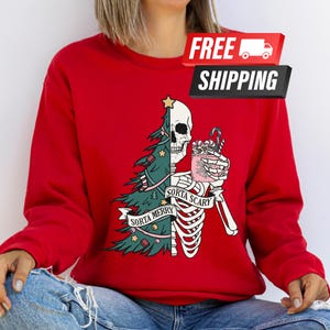 Sorta Merry Sorta Scary Sweatshirt, Halloween and Christmas,Spooky Season and Holiday Sweater, Christmas Skeleton Sweatshirt, Hallothanksmas