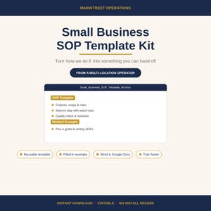 Puede incluir: Imagen de marketing digital para un "Kit de plantillas de PNT para pequeñas empresas". El kit incluye una plantilla reutilizable, un ejemplo rellenado y es compatible con Word y Google Docs. El texto dice: "Turn 'how we do it' into something you can hand off."